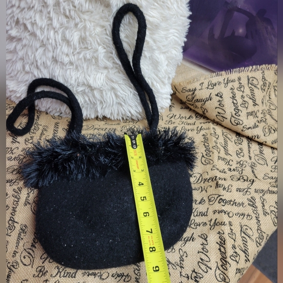 Handcrafted black felted Wool bag fuzzy trim 19×10 ×8 - Picture 6 of 10